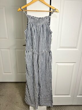 Old Navy Jumpsuit Womens Small Linen Blend  Striped Pockets Romper SleevelessNWT